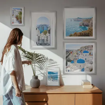 Wanddecoratie compositie Santorini huizen aan de blauwe zee