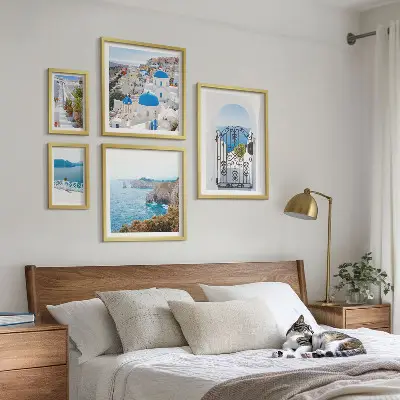 Wanddecoratie compositie Santorini huizen aan de blauwe zee