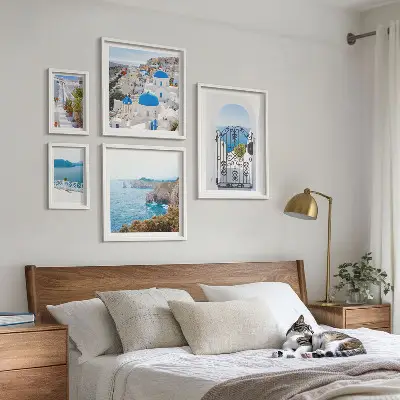 Wanddecoratie compositie Santorini huizen aan de blauwe zee