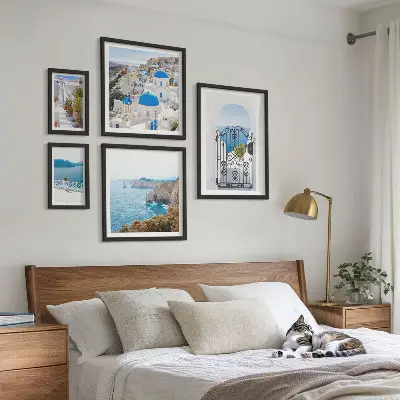 Wanddecoratie compositie Santorini huizen aan de blauwe zee