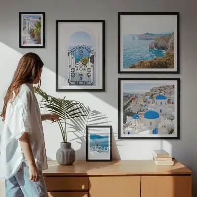 Wanddecoratie compositie Santorini huizen aan de blauwe zee