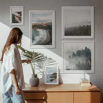 Moderne schilderijenset met kustlandschappen en bergbossen