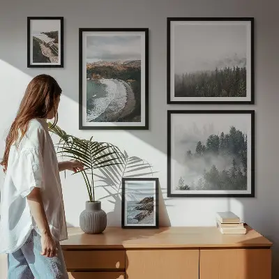 Moderne schilderijenset met kustlandschappen en bergbossen
