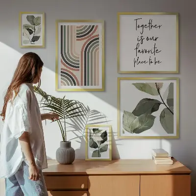 Moderne schilderijenset met stijlvolle bloemen en geometrische vormen