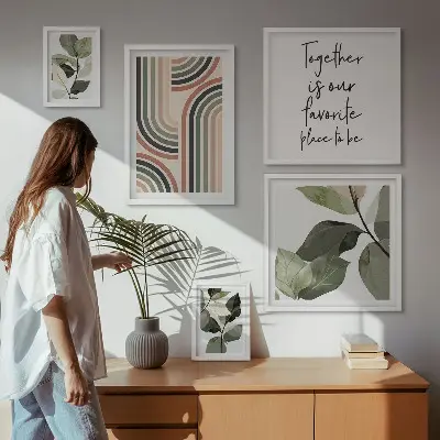 Moderne schilderijenset met stijlvolle bloemen en geometrische vormen