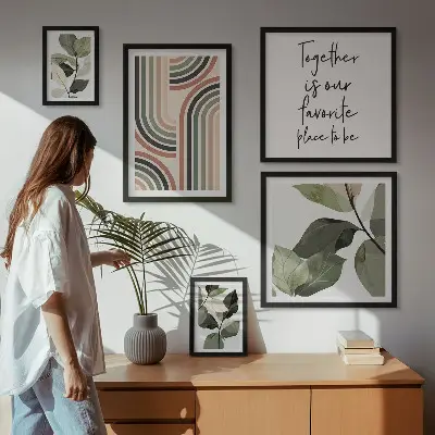 Moderne schilderijenset met stijlvolle bloemen en geometrische vormen