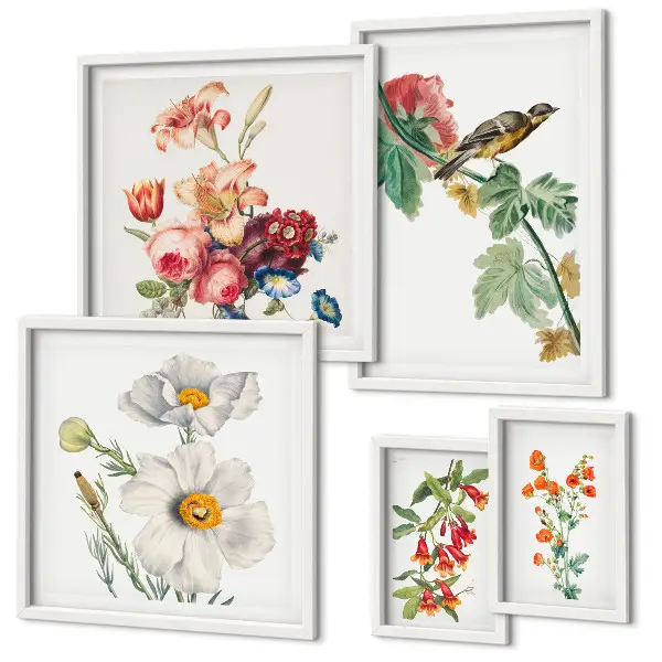 Wanddecoratie compositie vintage met bloemen en vogels