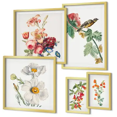 Wanddecoratie compositie vintage met bloemen en vogels