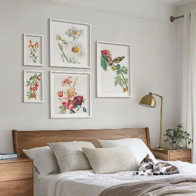 Wanddecoratie compositie vintage met bloemen en vogels