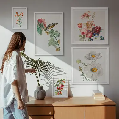 Wanddecoratie compositie vintage met bloemen en vogels