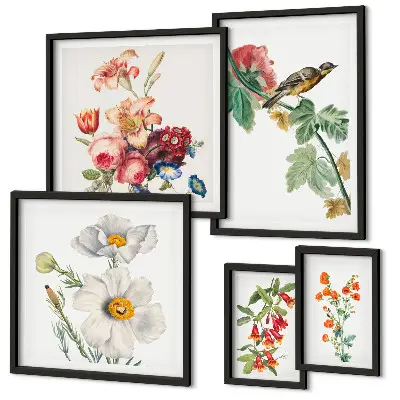 Wanddecoratie compositie vintage met bloemen en vogels