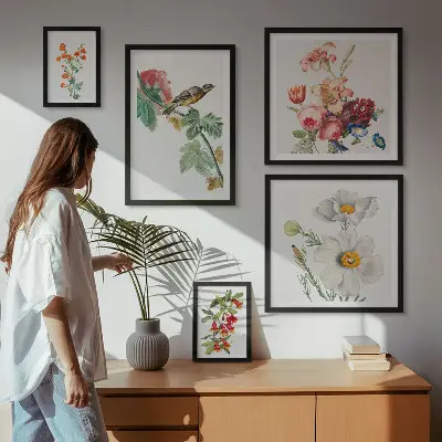 Wanddecoratie compositie vintage met bloemen en vogels