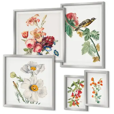 Wanddecoratie compositie vintage met bloemen en vogels