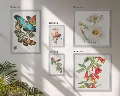 Wanddecoratie compositie met bloemen, vlinders, vogels en vintage elementen