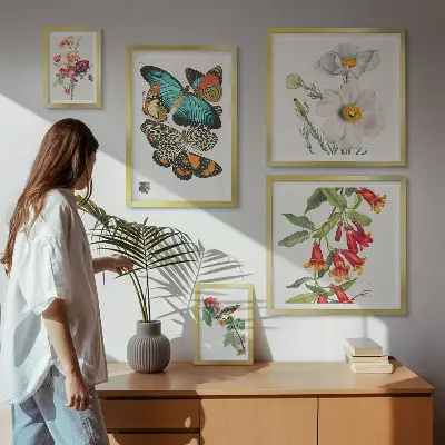 Wanddecoratie compositie met bloemen, vlinders, vogels en vintage elementen