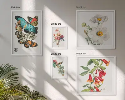Wanddecoratie compositie met bloemen, vlinders, vogels en vintage elementen