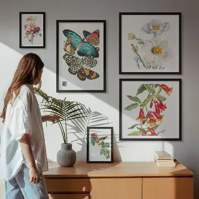 Wanddecoratie compositie met bloemen, vlinders, vogels en vintage elementen