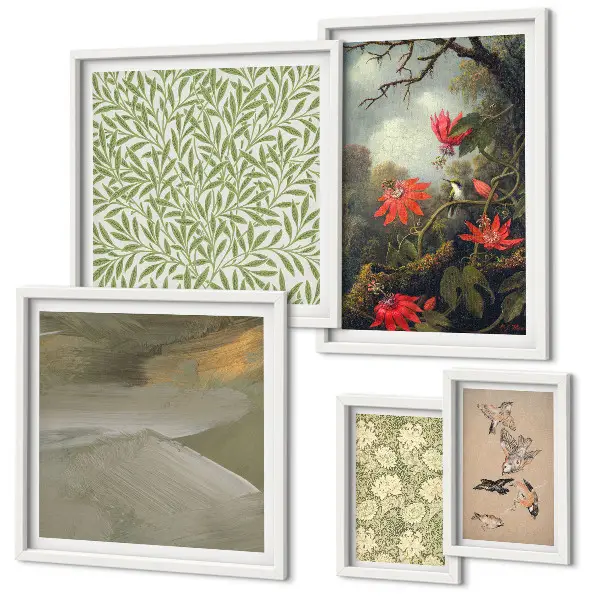 Set van moderne schilderijen met bloemen, vogels en natuurmotieven