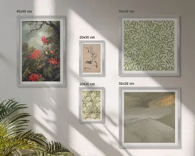 Set van moderne schilderijen met bloemen, vogels en natuurmotieven