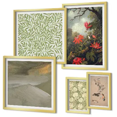 Set van moderne schilderijen met bloemen, vogels en natuurmotieven