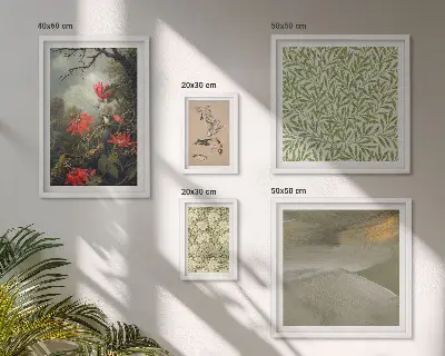 Set van moderne schilderijen met bloemen, vogels en natuurmotieven
