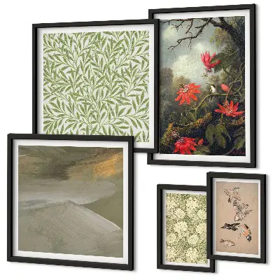 Set van moderne schilderijen met bloemen, vogels en natuurmotieven