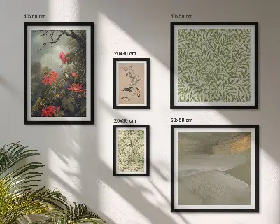 Set van moderne schilderijen met bloemen, vogels en natuurmotieven