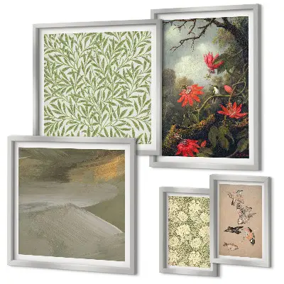 Set van moderne schilderijen met bloemen, vogels en natuurmotieven