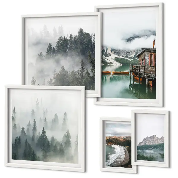 Moderne schilderijen set met berglandschappen, huisjes en water