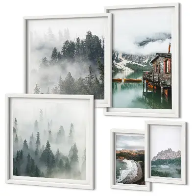 Moderne schilderijen set Berglandschappen, huisjes, water