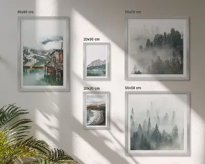 Moderne schilderijen set met berglandschappen, huisjes en water