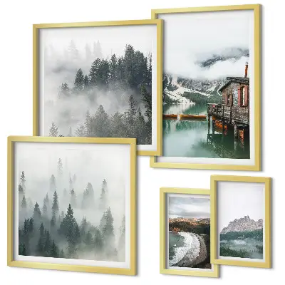 Moderne schilderijen set met berglandschappen, huisjes en water
