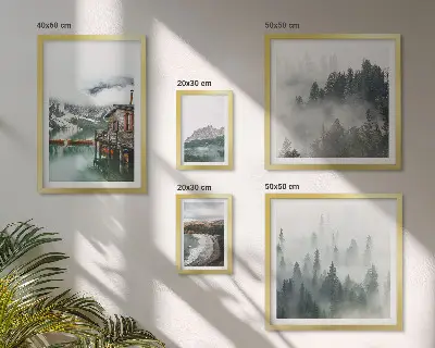 Moderne schilderijen set met berglandschappen, huisjes en water