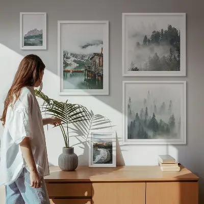 Moderne schilderijen set met berglandschappen, huisjes en water