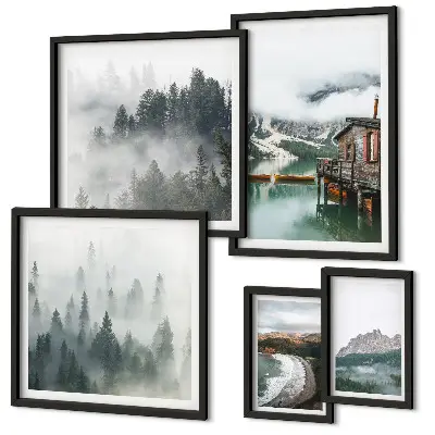 Moderne schilderijen set met berglandschappen, huisjes en water