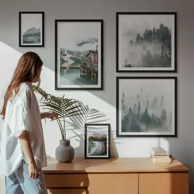 Moderne schilderijen set met berglandschappen, huisjes en water
