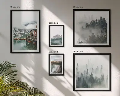 Moderne schilderijen set met berglandschappen, huisjes en water
