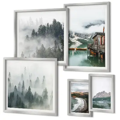 Moderne schilderijen set met berglandschappen, huisjes en water