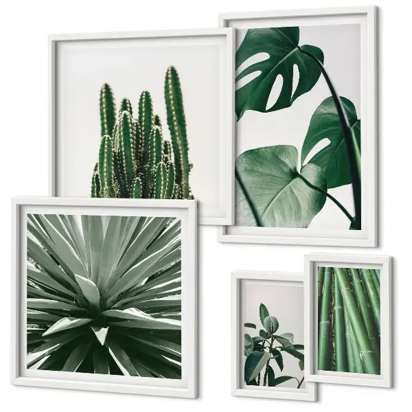 Set van moderne schilderijen met groene tropische kamerplanten
