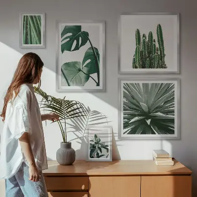 Set van moderne schilderijen met groene tropische kamerplanten