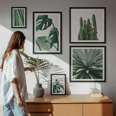 Set van moderne schilderijen met groene tropische kamerplanten
