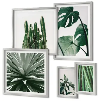 Set van moderne schilderijen met groene tropische kamerplanten