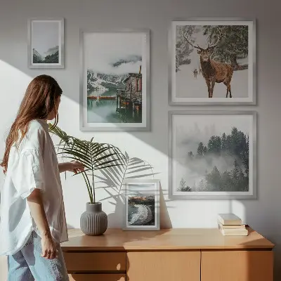Set van moderne schilderijen met natuur, wilde dieren en bergen