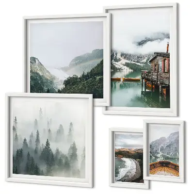 Wanddecoratie compositie Berglandschappen, huizen, water