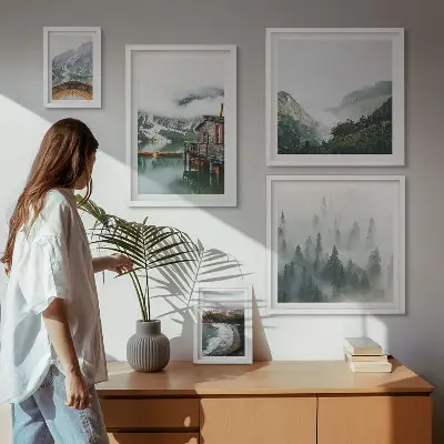 Wanddecoratie compositie met berglandschap en huizen bij water