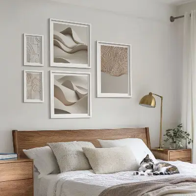 Set van moderne schilderijen met abstracte beige patronen