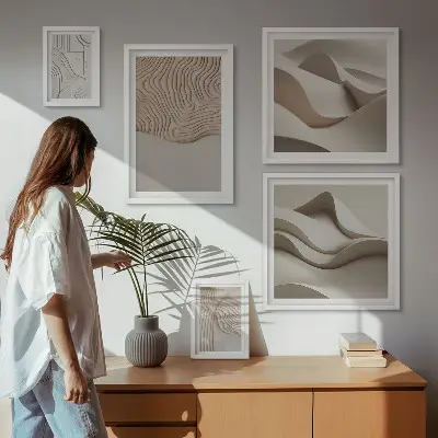 Set van moderne schilderijen met abstracte beige patronen