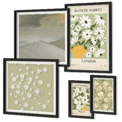 Set van moderne schilderijen met bloemrijke stedelijke motieven