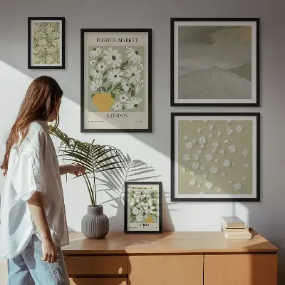 Set van moderne schilderijen met bloemrijke stedelijke motieven