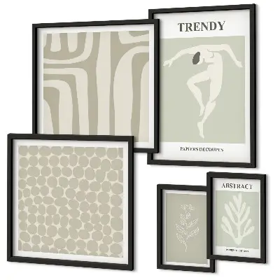 Gallery wall met stijlvolle abstracte groene afbeeldingen
